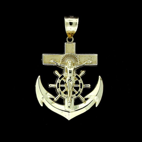 Real 10K Yellow Gold XL Anchor Cross Pendant - Picture 1 of 5